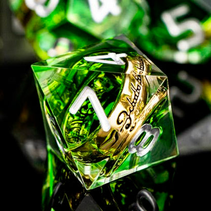 Magic Golden Ring DND Dice Set with Case, Green Resin Sharp Edge D and D Dice for use with D&D Tabletop Games Lord Handmade Polyhedral Dice Set D20 D12 D10 D8 D6 D4 - color: Ring - Green-2
