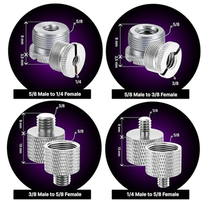 Mic Stand Adapter Set 8 pieces Metal Microphone Stand Screw Thread Adapter 5/8 Female to 3/8 Male 3/8 Female to 5/8 Male 5/8 Female to 1/4 Male 1/4 Female to 5/8 Male Tripod Adapter ADP03 Slvr - color: ADAPTER SILVER