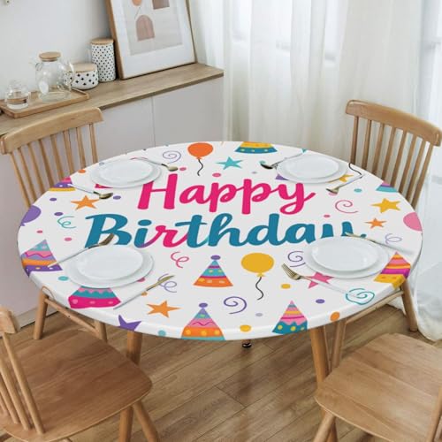 Famame Happy Birthday Hat Banner Round Fitted Tablecloth with Elastic Protector Table Kitchen Dinner Waterproof Oil-Proof Table Covers Fits 40"-44", Small - color: Happy Birthday Hat Banner, size: Small (40"-44")