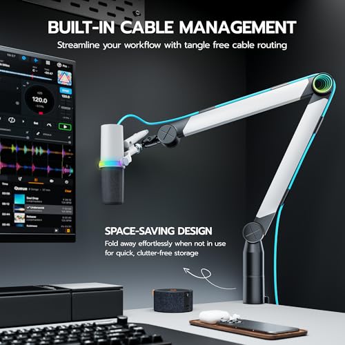 ARES WING Aluminum Microphone Boom Arm with RGB Light and Volume Control, Adjustable Mic Arm Desk Mount with 3/8” to 5/8” Screw Adapter, Suspension Scissor Mic Stand for Gaming Streaming Podcasting