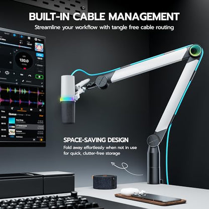 ARES WING Aluminum Microphone Boom Arm with RGB Light and Volume Control, Adjustable Mic Arm Desk Mount with 3/8” to 5/8” Screw Adapter, Suspension Scissor Mic Stand for Gaming Streaming Podcasting