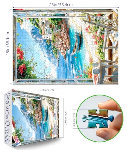500 Piece Puzzle for Adults, Mediterranean Coastal Beach 500 Piece Jigsaw Puzzle, Vibrant Ocean Window View with Boat and Blooming Flowers Puzzle, Perfect for Family Game Night - color: Coastal Beach