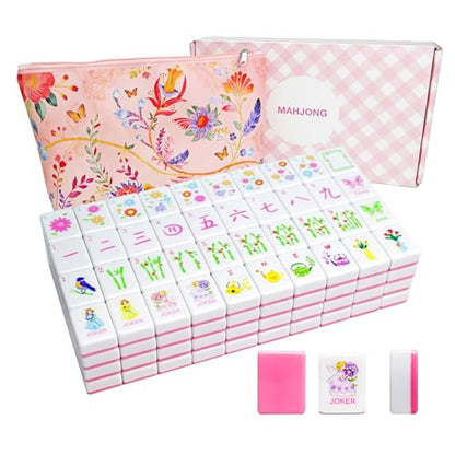Portable Pink Mahjong Set 160 Premium Melamine Tiles, Engraved American Mahjong Game with Carrying Bag&3 Dice Compact 0.9” x 1.18” x 0.5” Tiles, Scuff‑Proof & Drop‑Resistant for Adults Family Travel