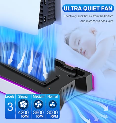 PS5/PS5 Slim Cooling Station with Controller Charging Station for PlayStation 5 Console Disc/Digital, PS 5 Cooling Stand Accessories with LED Light/Charger/Cooler Fan/3 USB Hubs/Headset Holder/Screw