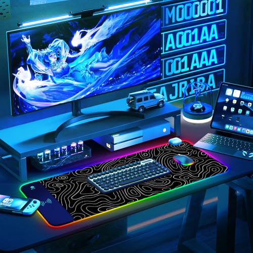 ToLuLu RGB Wireless Charging Gaming Mouse Pad, 7.5/10/15W 10 Light Modes LED Mouse Pad Computer Keyboard Mat Mousepad, 800x300x4MM Extended Large Desk Pad for Gamer, Black and White Abstract Lines - color: Black and white Abstract Lines