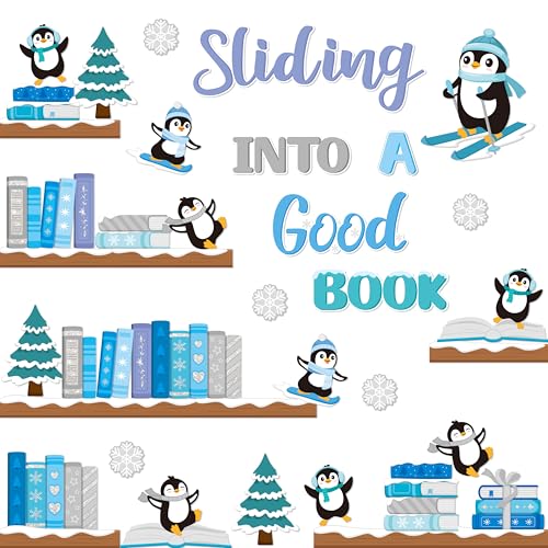 TICIAGA 79Pcs Winter Penguin Sliding Into A Good Book Bulletin Board Set, Winter Penguin Bookshelf Cutouts Trim Border for School Library Learning Classroom Chalkboard Wall Christmas Decorations - style: Winter