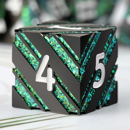 Stripe D&D Dice,DNDND Metallic Glitter Stripes Dice with Gift Metal Box for Dungeons and Dragons Tabletop Game (Green Stripes) - color: Stripe Green and Black