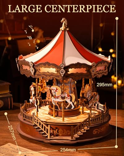 Rolife Wooden 3D Puzzles for Adults, DIY Carousel Music Box with Chaser Lights 11.6" Model Building Kit, Construction Project Craft Kits for Adults Hobby Home Decor Chiristmas Gifts for Boys Girls