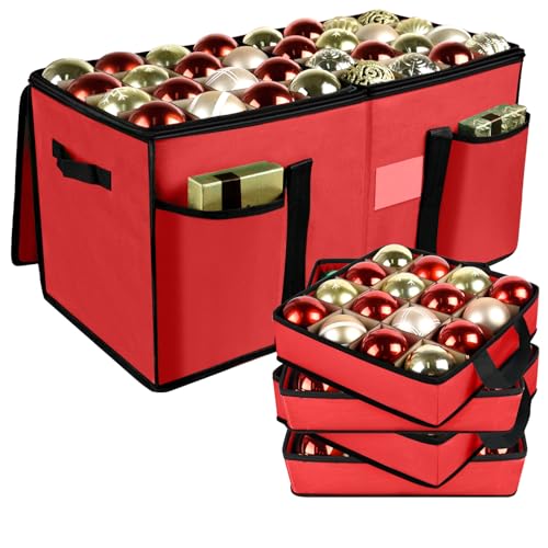 Christmas Ornament Storage Box with Dividers, Holds 128 Balls, Red | 600D Oxford Fabric, Adjustable Dividers, Removable Trays, Dual Zippers, Reinforced Handles - color: Red, size: 128 Balls