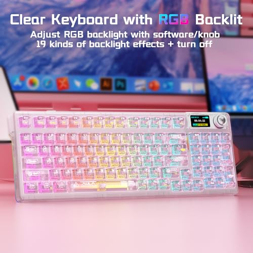 AULA F98 Pro V3 Wireless Mechanical Keyboard with Screen & Knob,Hot Swappable Pink Gaming Keyboard,Clear Keycap RGB Backlit Gasket Mount Creamy Keyboards with Number Pad for Office PC,10000mAh Battery - color: Pink