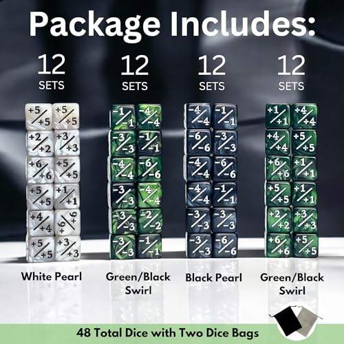 Luck Lab MTG Magic Life Counter Dice - 48 PCS Compatible w/Magic Card Game Accessories, CCG Creature Stats w/ 2 Dice Bags (Green Swirl, White Pearl, Black Pearl) - color: Green Swirl, Green Swirl, White Pearl, Black Pearl