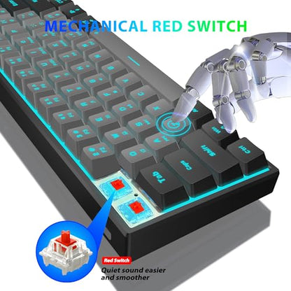 Snpurdiri 60% Wired Mechanical Gaming Keyboard (Black-Grey, Red Switches) | Ice Blue LED Backlit 61 Keys Mini Wired Office Keyboard for Windows Laptop PC Mac - color: Black Grey(Ice Blue Light)/Red Switch
