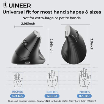 Uineer Ergonomic Vertical Mouse, 2.4G Wireless Mouse, Rechargeable, 4-DPI | Right-handed vertical design with 2.4G USB-A connection, rechargeable battery and visible battery level. - color: Black