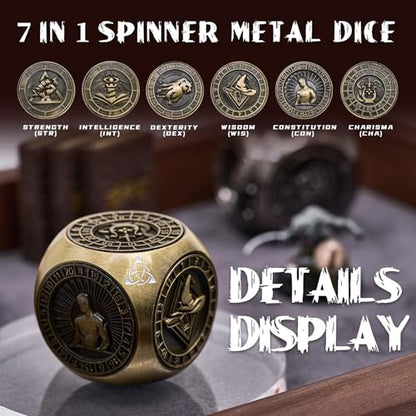 7-in-1 메탈 DND 주사위 스피너 큐브, 테이블 탑 RPG용 3D 릴리프, 던전 마스터 및 플레이어를 위한 선물 상자 (브론즈) - color: 브론즈