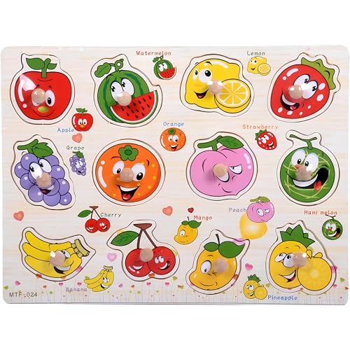 Fruits Puzzle Wooden for Toddlers 3+ Years Old Montessori Fruit Learning Toy with Sorting Board Colorful Fruit Blocks - Educational Preschool Toy for Boys Girls - Fine Motor Skills Early Learning - style: Fruits