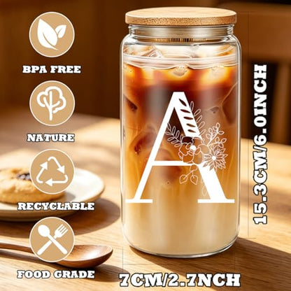DHQH Birthday Gifts for Women, Monogrammed Gifts Box Included 16 oz Initial Glass Drinking Cup,Canvas Tote Bag, Personalized Iced Coffee Tumbler Gift for Women Her Mom Teacher Friends Sister, A - color: letter-cup-a