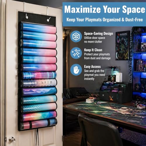 Playmat Tube Storage Bag, 12+1 Hanging Playmat Organizer for MTG/TCG Playmats, Oxford Cloth Holder with Clear PVC Windows, Roll-Up Compact Design, Includes 2 Metal Door Hooks