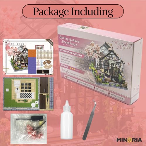 MINORIA Sakura Greenhouse DIY - Miniature House Building Kit-3D Wooden Cherry Blossom Dollhouse with Acrylic Dust Cover - LED Light