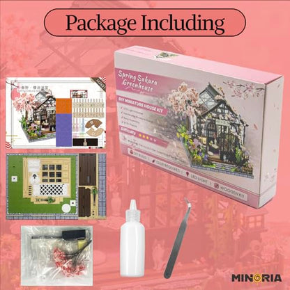 MINORIA Sakura Greenhouse DIY - Miniature House Building Kit-3D Wooden Cherry Blossom Dollhouse with Acrylic Dust Cover - LED Light