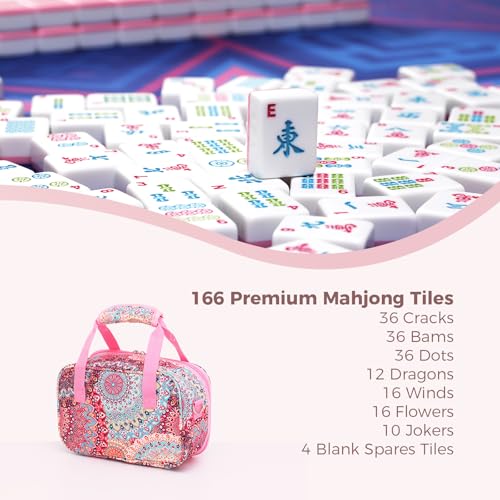 American Mahjong Tile Set with Printed Handbag, 166 Premium Pink Tile and Accessories, Portable and Stylish Mahjong Set, Mahjong Game Set for Travel, Gifts（Pink, No Racks） - color: Pink
