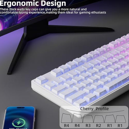 White Topographic PBT Keycaps,97 Key Caps Set Side Printed,No Tear & Fade Shine Through RGB Backlit Cherry Profile Keycaps (Ergonomic,Doubleshot) for 61/64/66/68/71/75/84/87 MX Mechanical Keyboards - color: 97 Keys-White