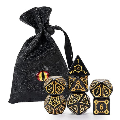 cusdie 7 Pcs 25mm Giant DND Dice with Dragon Eye Dice Bag, Polyhedral Dice Set, D&D Dice for Pathfinder RPG(Black) - color: Black Gold