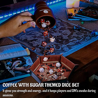 CZYY Coffee & Sugar Dice Set, 14 Acrylic RPG Dice with Silicone Cup Case | 2 Complete 7-Dice Sets, Coffee & Sugar Themes, Acrylic Resin, +3 Stamina Potion Silicone Mug Storage, Gift for RPG Players