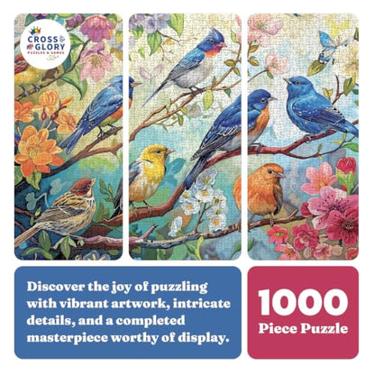 Cross & Glory | 1000 Piece Jigsaw Puzzles for Adults | Birdsong in Bloom | Audubon Birds | 2mm Thick Pieces | Bonus Reference Poster | Satin Finish | Ages 14+ - color: Birdsong in Bloom