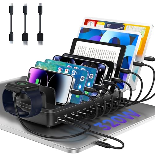 320W Charging Station for Multiple Devices, 10 Ports Fast Multi-Device Charger Organizer Compatible with MacBook Pro Laptop, iPhone, Android, Ipad, Tablet, Kindle, Multi-Device Charging Dock（Black） - color: Black