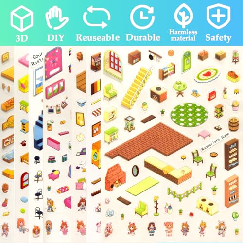 4 Sticker Books,32 Sets (1200+) DIY 3D Scene Stickers for Kids & Adults | Make Your Own Cute Kawaii Mini House & Room Scenes with Sticker Craft Book, Creative DIY Designs, Fun Gift for Kids & Adults - style: 4 Books – Girl Dream Town