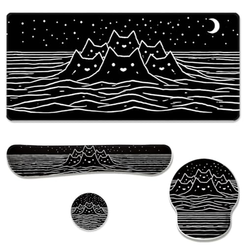 Black White Cat Desk Mat Set Minimal Mountain Ocean Night Mouse Pad with Wrist Rest 4in1 Desk Mat for Desktop Ergonomic Keyboard Wrist Support Anti-Slip Computer Mouse Pad Home Office Gaming - color: Black White Cat