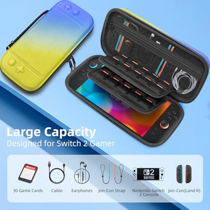 BRHE Switch 2 Carry Case Compatible with Nintendo Switch 2 Console,Large Capacity Switch 2 Case, Portable Hard Travel Bag for Switch 2 Console & Accessories, 30 Game Card Slots (Blue Yellow Gradient) - color: Blue Yellow Gradient