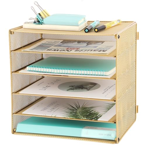5 Slot Mesh Desk Organizer Tray, File Paper Letter Folder Holder Desktop Paper Sorter Mail Organization Rack Storage Accessories, for Office Home School Classroom, Gold - color: 5 Tier Gold
