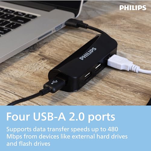 Philips 4-Port USB 2.0 Hub with 480 Mbps Data Transfer, Data USB Hub | Perfect for Travel, for MacBook, iMac, Surface, External Hard Drives, Flash Drives, Keyboard, Mouse, Black, SWL3923B/37 - style: USB-A to 4 Port USB