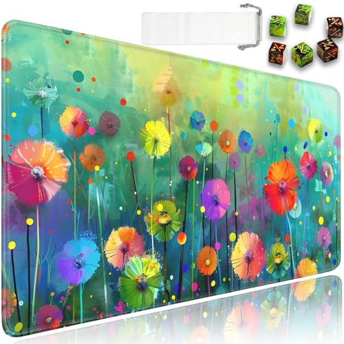 for MTG Playmat + Drawstring Travel Pouch + 6 Dice Counter, for Tabletop Trading Card Game Playmats or Mouse Pad, 24 x 14 in, Colorful Flowers Oil Painting for TCG Playmat (No with Zone) - color: JV-Playmat-6-1-E135
