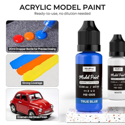 Nicpro 20 Colors Model Paint Set, Enamel-Like Gloss Finish, 20ml Ready to Use Modeling Acrylic Paints, Brush & Airbrush Compatible, Miniature Paint Set for on Model Cars, Figures, Crafts, with Thinner - color: 20 Colors