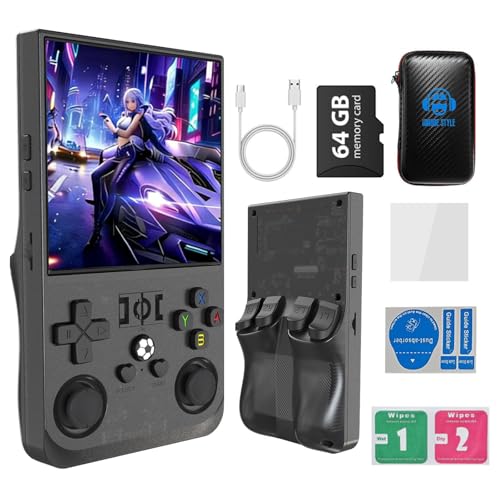 R36MAX 4000mAh Portable Rechargeable Handheld Retro Game Console,Handheld Retro Game Console with 64G TF Car,4.0-inch Screen,Feminine+Masculine Colors Easy Install for Travelers,Black - color: Shining Black
