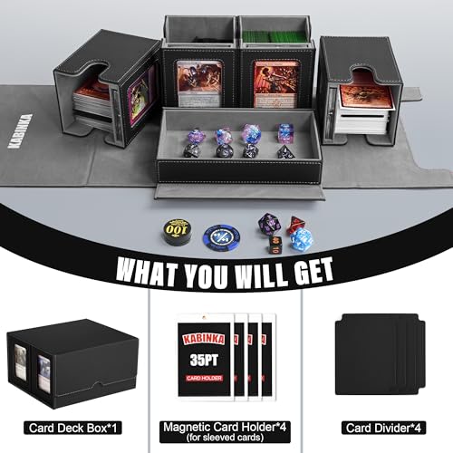 Kabinka Card Deck Box for MTG Commander, Holds 400+ Double-Sleeved Cards, 5 IN 1 Detachable Card Case with Dice Tray, Fits Magic/TCG Cards, 4 Magnetic Card Holders & Dividers (Black) - color: A2-Black