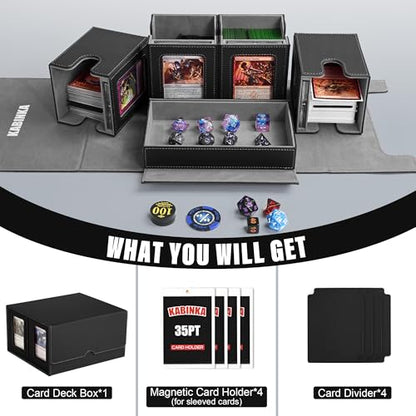 Kabinka Card Deck Box for MTG Commander, Holds 400+ Double-Sleeved Cards, 5 IN 1 Detachable Card Case with Dice Tray, Fits Magic/TCG Cards, 4 Magnetic Card Holders & Dividers (Black) - color: A2-Black