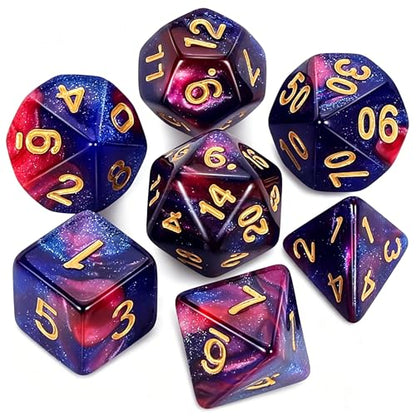 QMAY DND Dice Set - Polyhedral Dice (Blue Mix Purple Nebula) 7 Pcs for Dungeon and Dragons D&D RPG Role Playing Games Dice with Dice Bag - color: Blue Purple Nebula