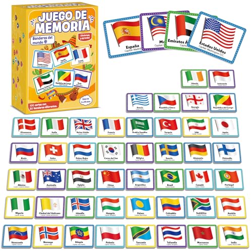 gisgfim 100 PCS Juego de Memoria de Banderas del Mundo en español para niños y adultos Flags of the World Memory Matching Games in Spanish Educational Matching Game Fun Fast Memory Game Gift Learning - style: Flags of the World in Spanish