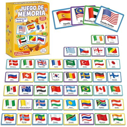 gisgfim 100 PCS Juego de Memoria de Banderas del Mundo en español para niños y adultos Flags of the World Memory Matching Games in Spanish Educational Matching Game Fun Fast Memory Game Gift Learning - style: Flags of the World in Spanish