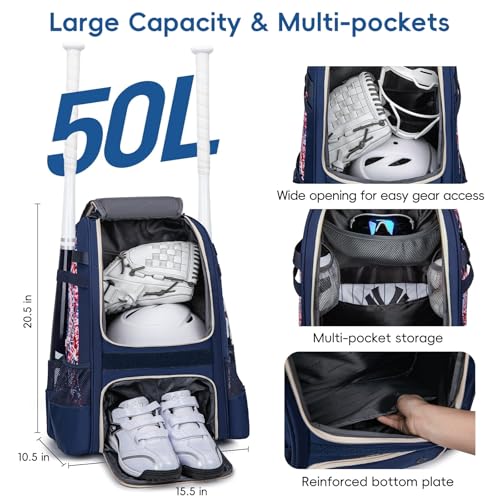KAVIGOR Baseball Bag for Youth | Softball Backpack 50L Large Capacity with Shoe Compartment and 4 Bat Holders | Nova Flare Series - color: Blue