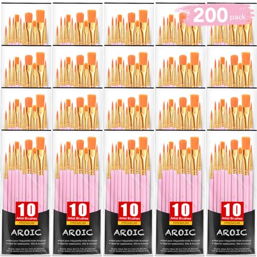 Acrylic Paint Brush Set, (20 Packs /200 pcs) Nylon Hair Brushes for Oil and Watercolor, Perfect Suit of Art Painting, Best Present for Painting, Pink - size: 200pcs-pink