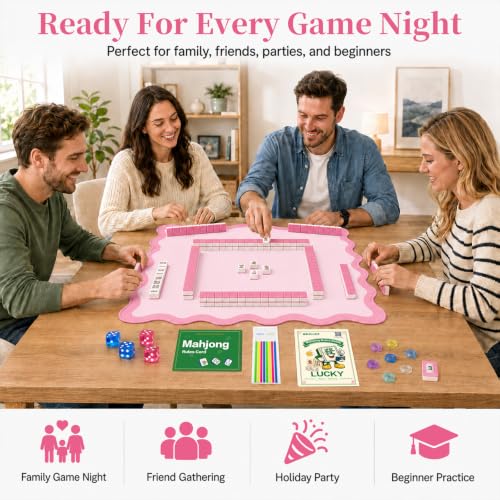 Complete Mahjong Mat Set, 32.4"x32.4" Pink Scalloped Edge Table Cover, Non-Slip & Noise Reduction Gaming Mat with Carrying Bag, Rules, Chips, Wind Marker for Poker & Board Games - color: Pink-set