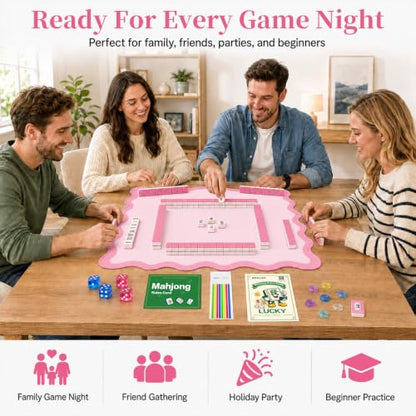 Complete Mahjong Mat Set, 32.4"x32.4" Pink Scalloped Edge Table Cover, Non-Slip & Noise Reduction Gaming Mat with Carrying Bag, Rules, Chips, Wind Marker for Poker & Board Games - color: Pink-set