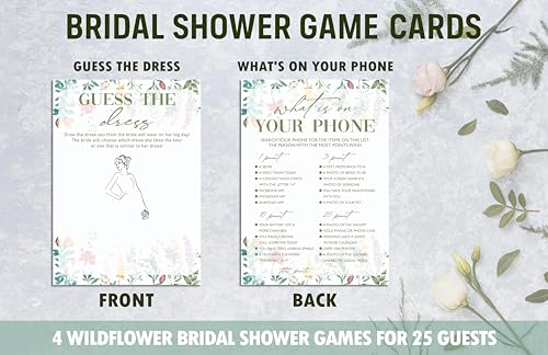 Wildflower Bridal Shower Games Set, 4 Games Includes Find The Dress, What's On Your Phone, What Did The Groom Say, Who Knows The Bride Best, 50 Double-Sided Cards, Wedding Party Supplies -01 - style: 4 Games Set-01