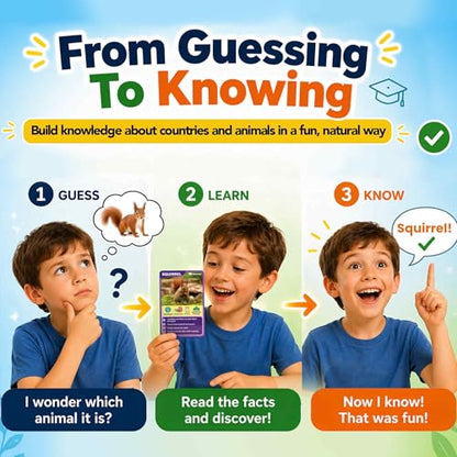 Quokka Who Guess It Better Game Set – Animals & Countries Educational Game with Visual Clues, 3 Card Sets Bundle, Screen-Free Travel Games for Kids Ages 6+ - color: 3set