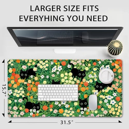 Cute Flower Cat Large Gaming Mouse Pad Desk Mat 31.5"x15.7" | Extended Mousepad, Non-Slip Rubber Base , Stitched Edges, for Computer/Laptop/Office/Home - color: Cat Floral