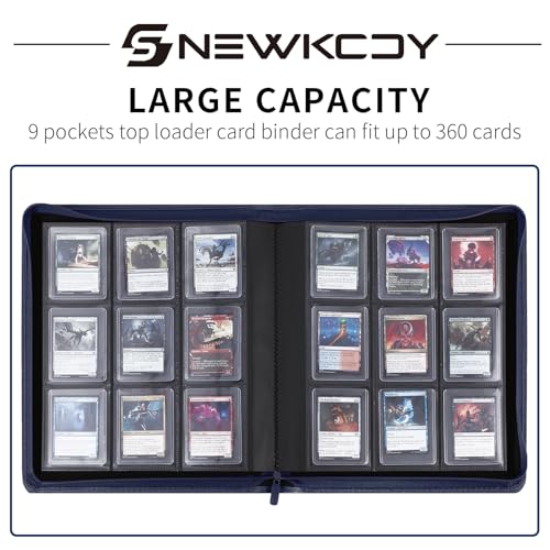 Snekdy Top loader Binder, 9 Pockets Top Loader，Holds 360 Top Loaders cards, Card binder with Sleeves for card in 3 x 4 inches color smooth Zipper PU Leather (Blue) - color: Blue
